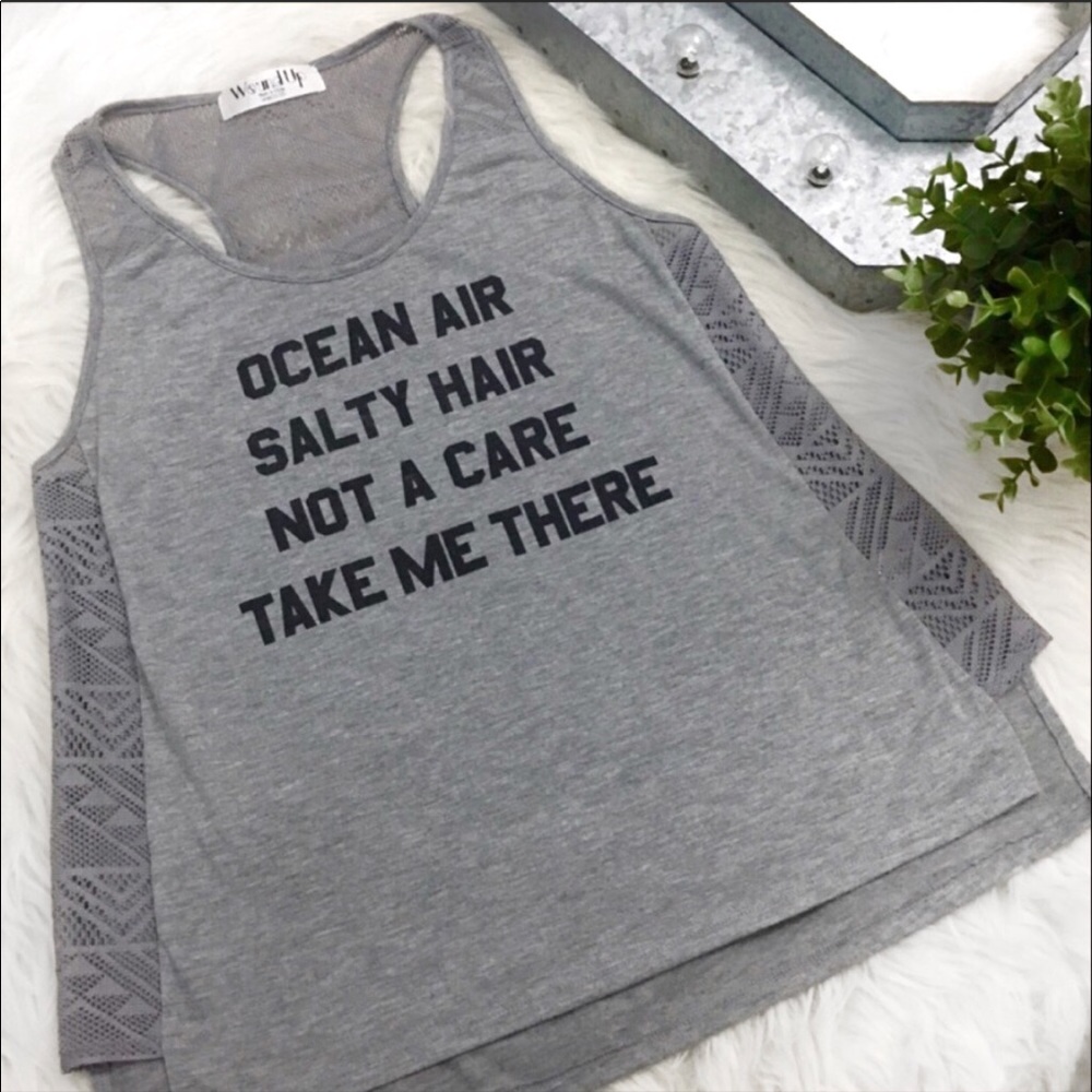 NEW• Wound Up Ocean Air Gray Lace Accented Racerback Top